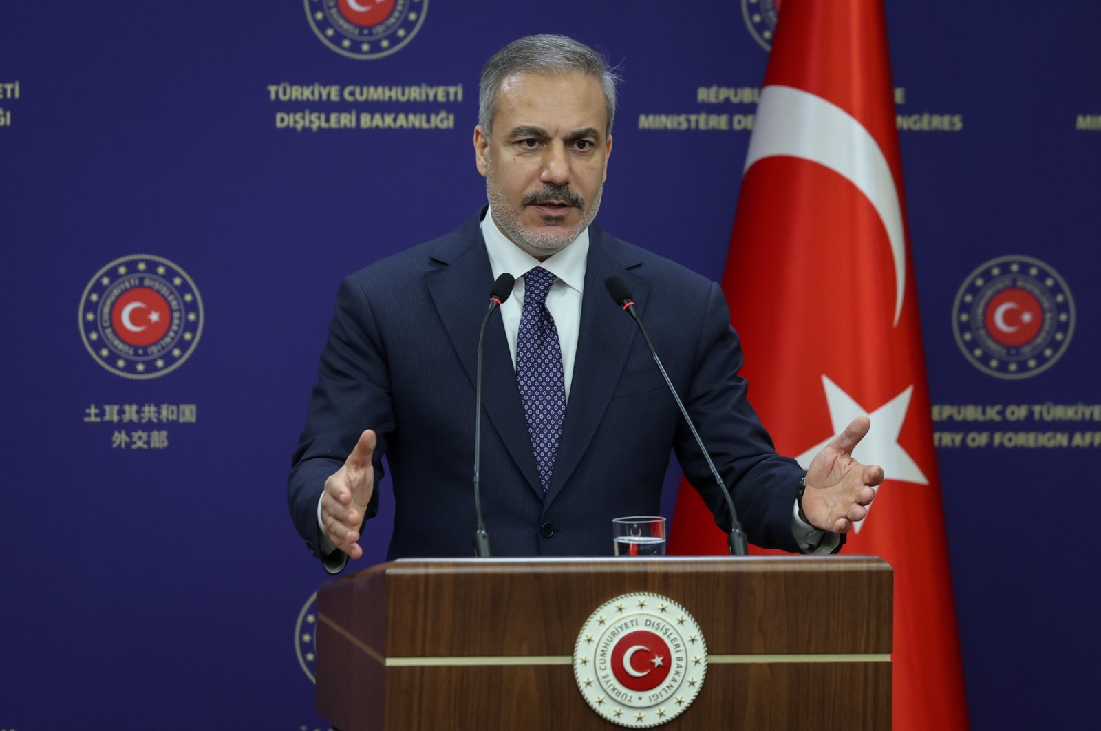 Foreign Minister Hakan Fidan holds a joint news conference with the foreign minister of Iran after their meeting, Ankara, Türkiye, Dec. 2, 2024. (AA Photo)