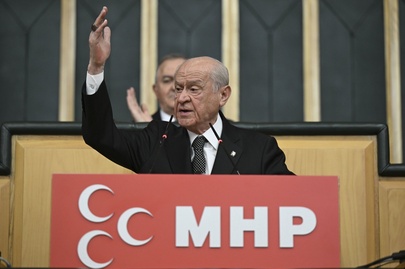 Nationalist Movement Party (MHP) Chairperson Devlet Bahçeli delivers a speech at a party gathering in the capital, Ankara, Türkiye, Dec. 3, 2024. (AA Photo)