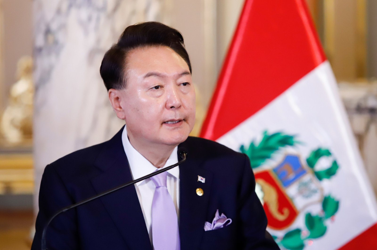 South Korean President Yoon Suk Yeol speaks during the signing of agreements in the Golden Room of the Government Palace in Lima, Peru, Nov. 16, 2024. (EPA Photo)