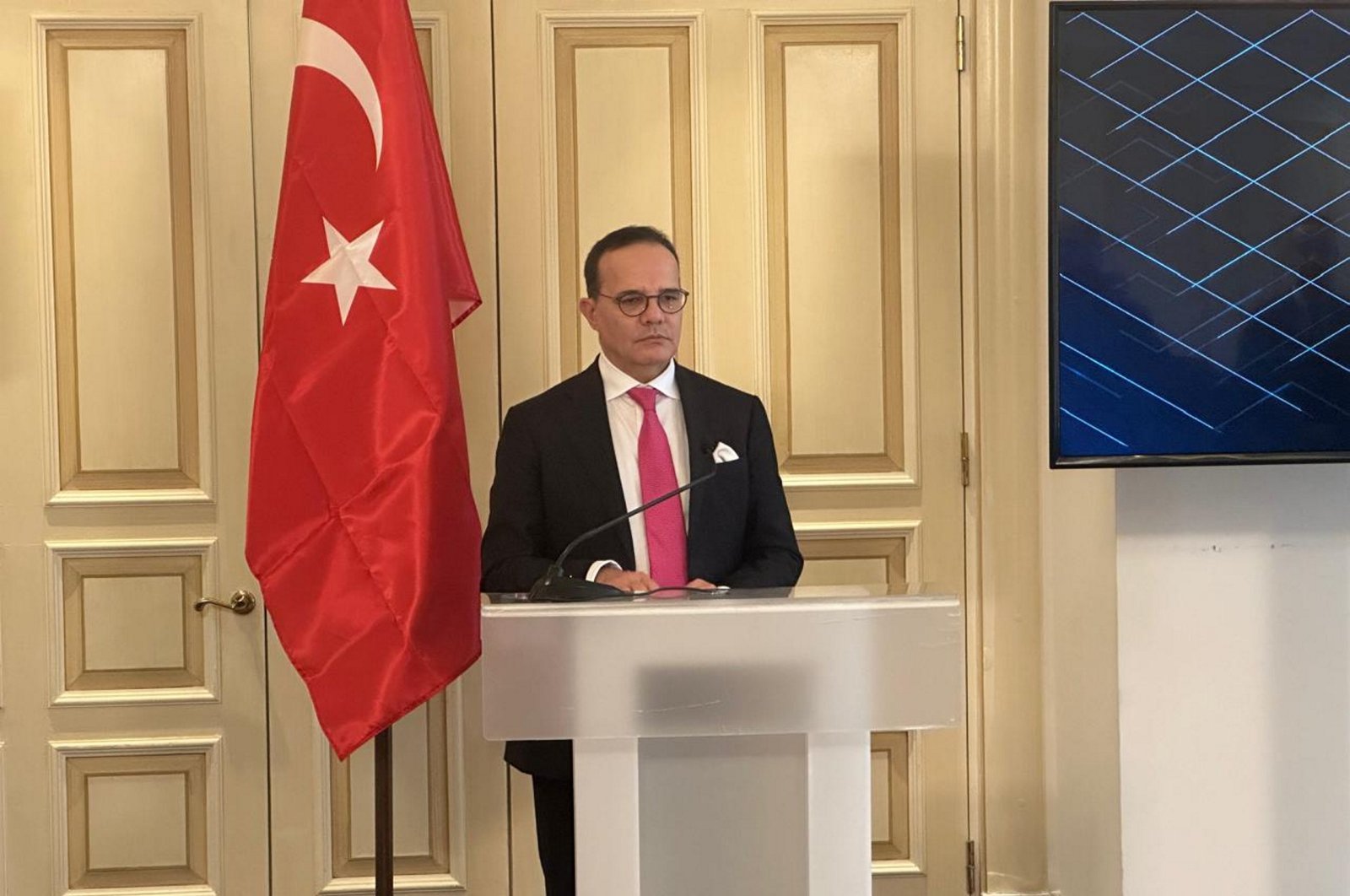 Deputy Foreign Minister and Director for EU Affairs Ambassador Mehmet Kemal Bozay speaks at the Political Dialogue meeting in Athens, Dec. 3, 2024. (AA Photo)