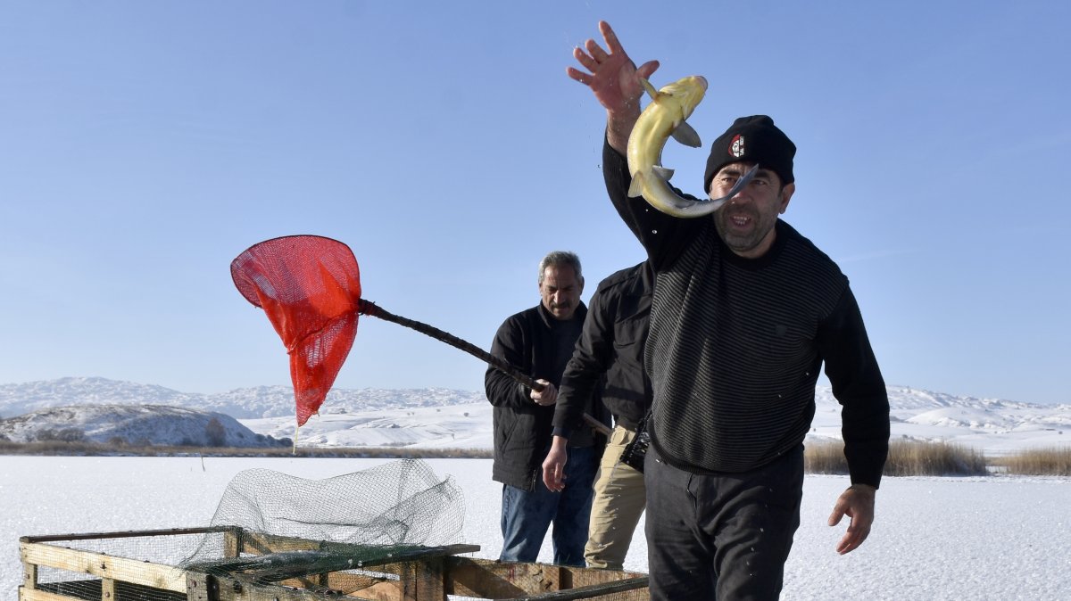 Fishermen break the ice on the surface of Hafif Lake to fish in the traditional Eskimo style, Sivas, eastern Türkiye, Nov. 3, 2024. (DHA Photo)