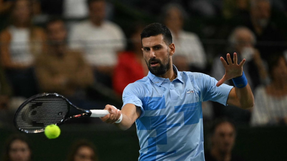 Serbia&#039;s Novak Djokovic returns the ball during Argentina&#039;s Juan Manuel del Potro&#039;s farewell exhibition tennis match at Arena Parque Roca, Buenos Aires, Argentina, Dec. 1, 2024. (AFP Photo)