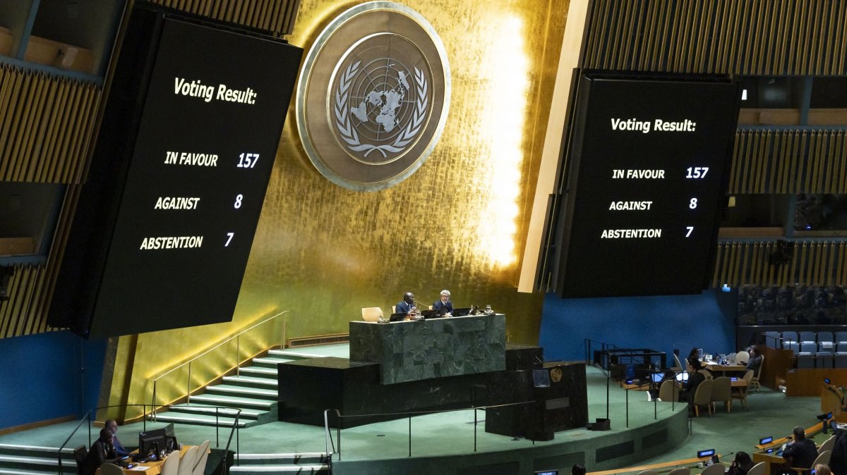 The U.N. General Assembly holds a vote on non-binding draft resolutions during a meeting in New York, New York, U.S., Dec. 3, 2024. (EPA Photo)