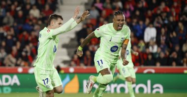 FC Barcelona&#039;s Raphinha celebrates scoring their second goal with Marc Casado during the La Liga RCD Mallorca versus FC Barcelona match, Palma, Mallorca, Spain, Dec. 3, 2024. (Reuters Photo)