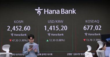 A screen in the dealing room of Hana Bank displays the current status of the Korea Composite Stock Price Index (KOSPI), the Korean Securities Dealers Automated Quotations (KOSDAQ), and the won-dollar exchange rate during the morning hours, Seoul, South Korea, Dec. 4, 2024. (EPA Photo)