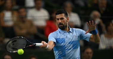 Serbia&#039;s Novak Djokovic returns the ball during Argentina&#039;s Juan Manuel del Potro&#039;s farewell exhibition tennis match at Arena Parque Roca, Buenos Aires, Argentina, Dec. 1, 2024. (AFP Photo)