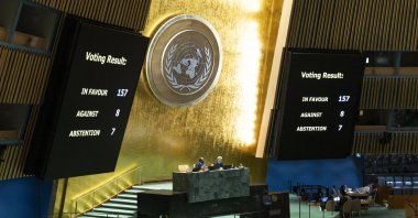 The U.N. General Assembly holds a vote on non-binding draft resolutions during a meeting in New York, New York, U.S., Dec. 3, 2024. (EPA Photo)