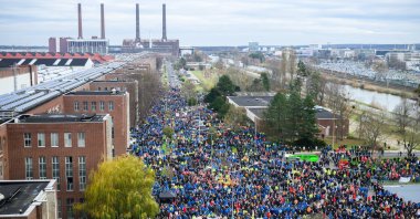 Volkswagen employees attend a strike rally on the premises of Volkswagen&#039;s (VW) main plant, Wolfsburg, Germany, Dec. 2, 2024. (EPA Photo)