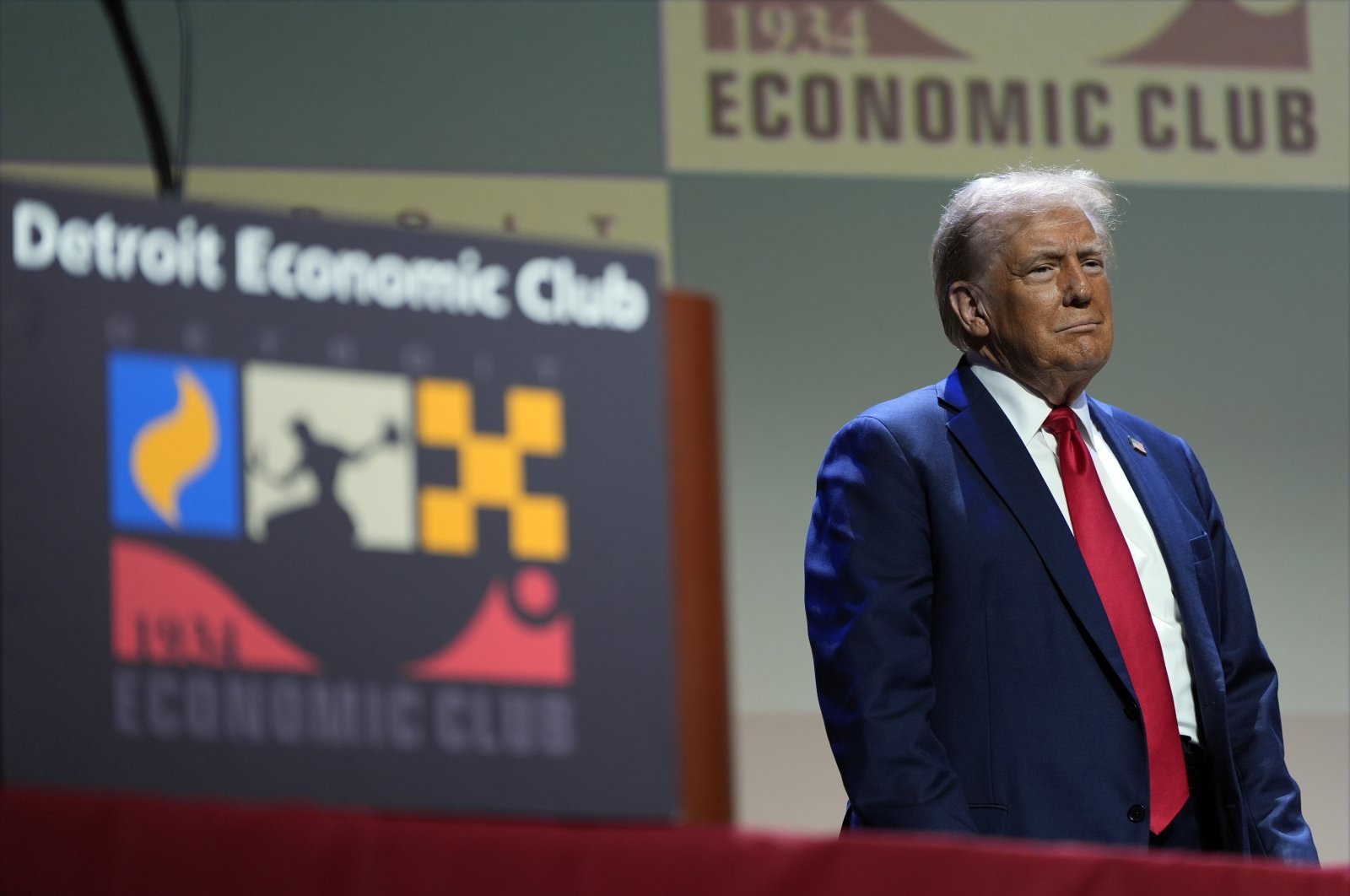 Republican presidential nominee former President Donald Trump arrives to speak at a meeting of the Detroit Economic Club, Detroit, U.S., Oct. 10, 2024. (AP Photo)