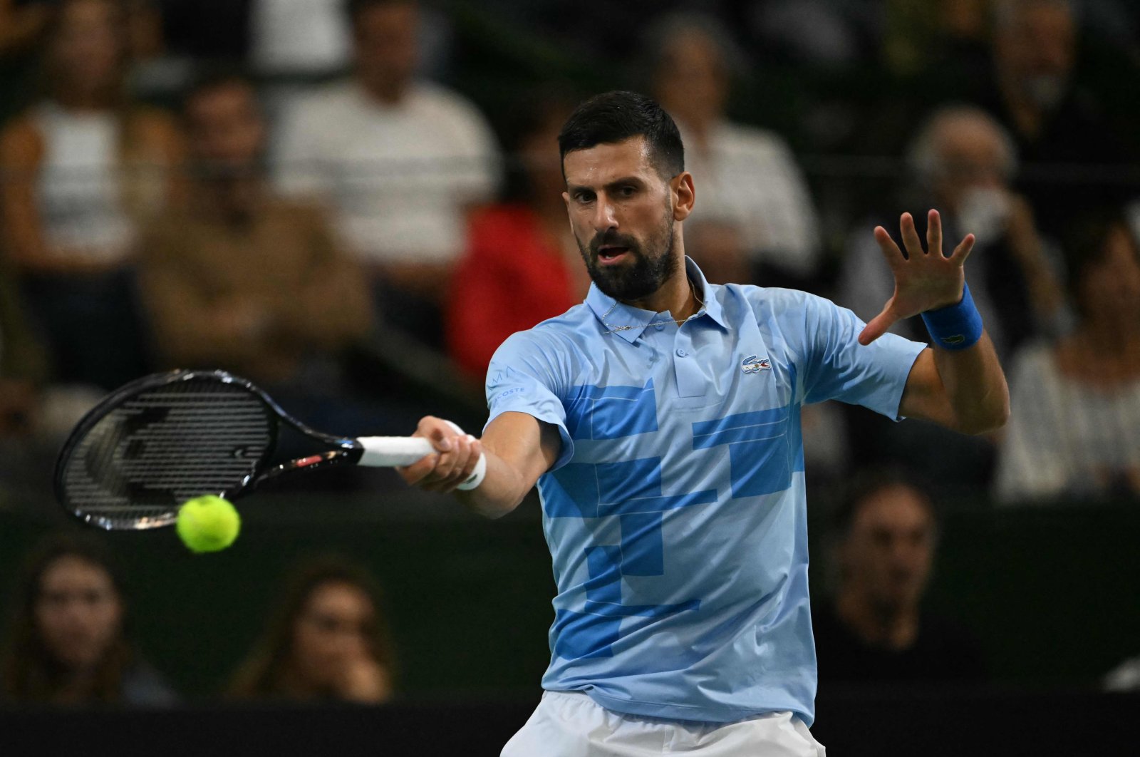 Serbia&#039;s Novak Djokovic returns the ball during Argentina&#039;s Juan Manuel del Potro&#039;s farewell exhibition tennis match at Arena Parque Roca, Buenos Aires, Argentina, Dec. 1, 2024. (AFP Photo)