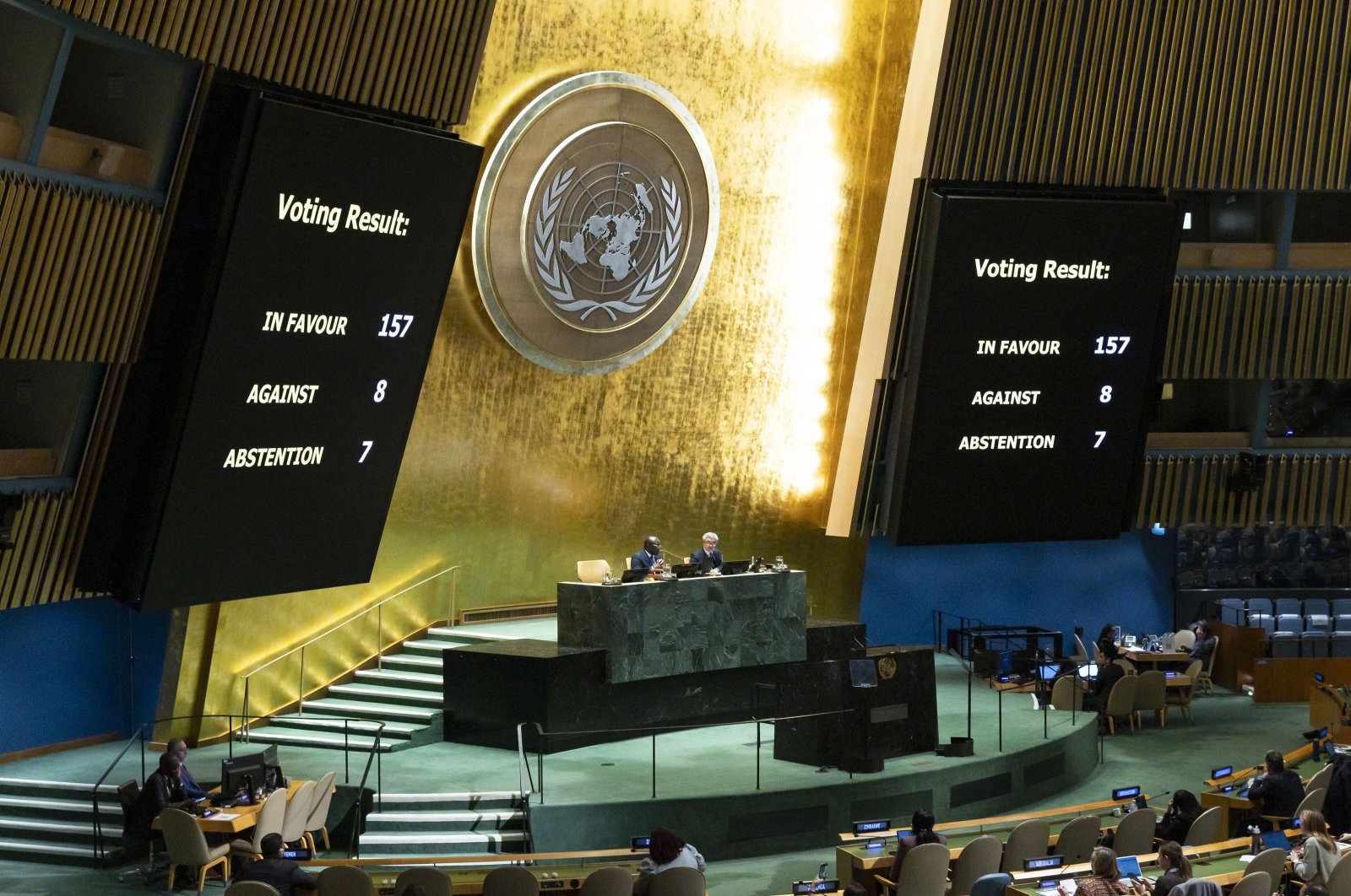 The U.N. General Assembly holds a vote on non-binding draft resolutions during a meeting in New York, New York, U.S., Dec. 3, 2024. (EPA Photo)