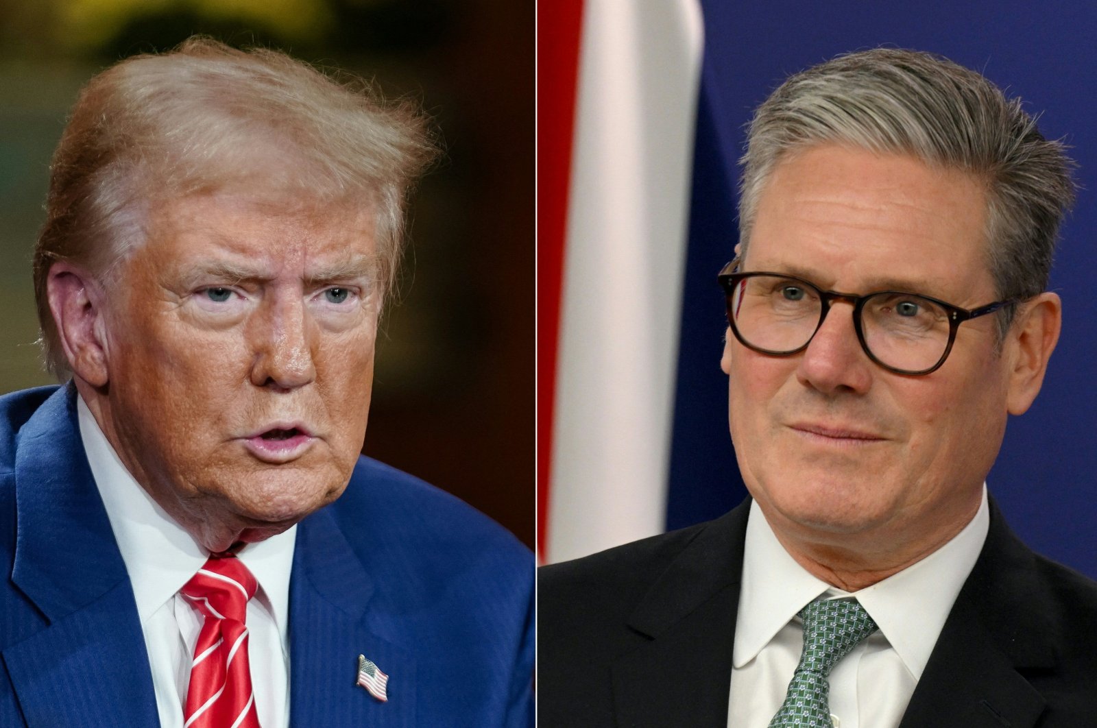 This combination of pictures created on Nov. 7, 2024, shows U.S. President-elect Donald Trump (L) attending a Fox News Town Hall in Cumming, Georgia, U.S., Oct. 15, 2024, and British Prime Minister Keir Starmer at a press conference at the European Commission headquarters, Brussels, Belgium, Oct. 2, 2024. (AFP Photo)