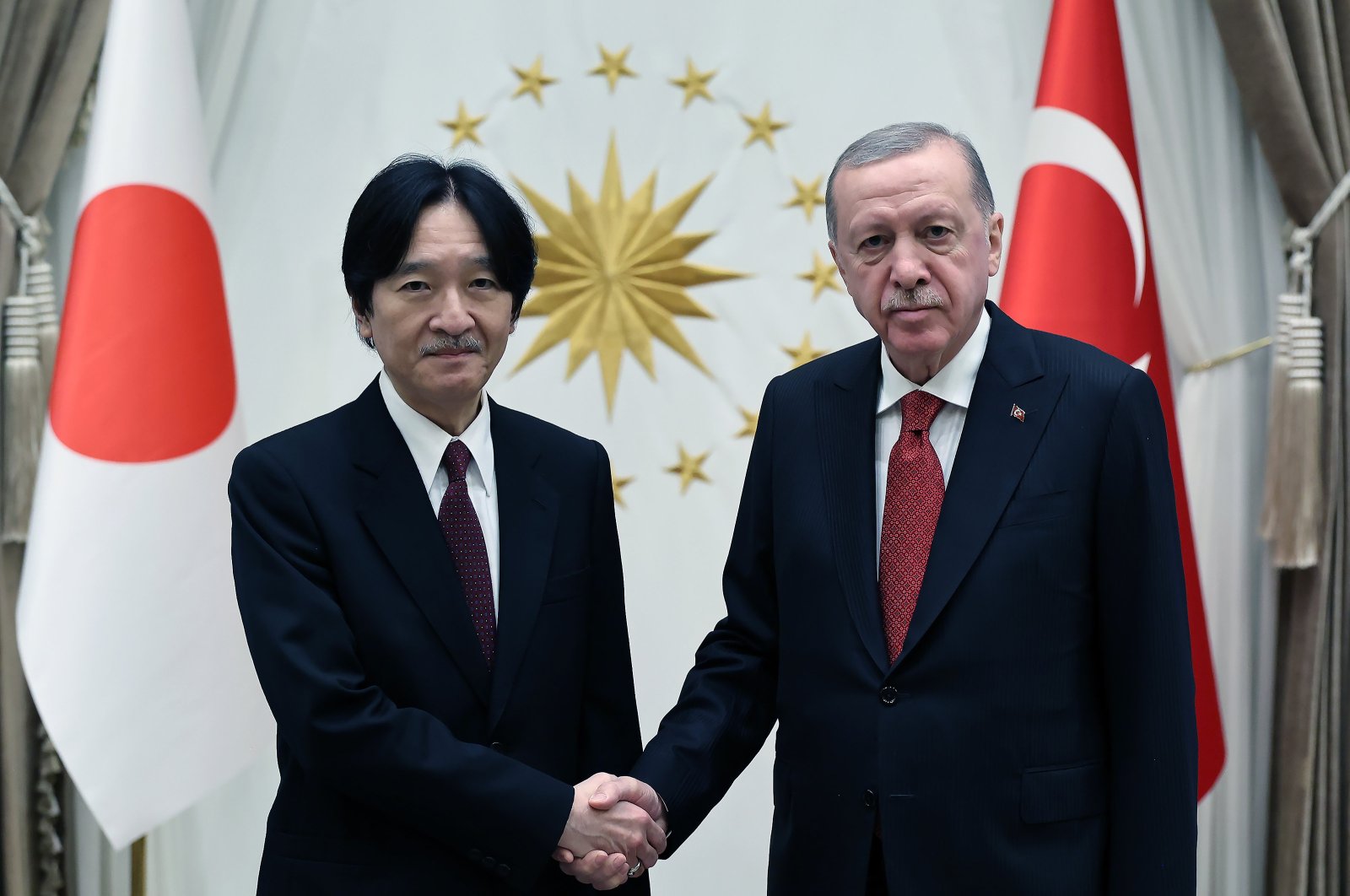 President Recep Tayyip Erdoğan welcomes Japan&#039;s Crown Prince Fumihito at the Presidential Complex, in the capital Ankara, Türkiye, Dec. 4, 2024. (AA Photo)