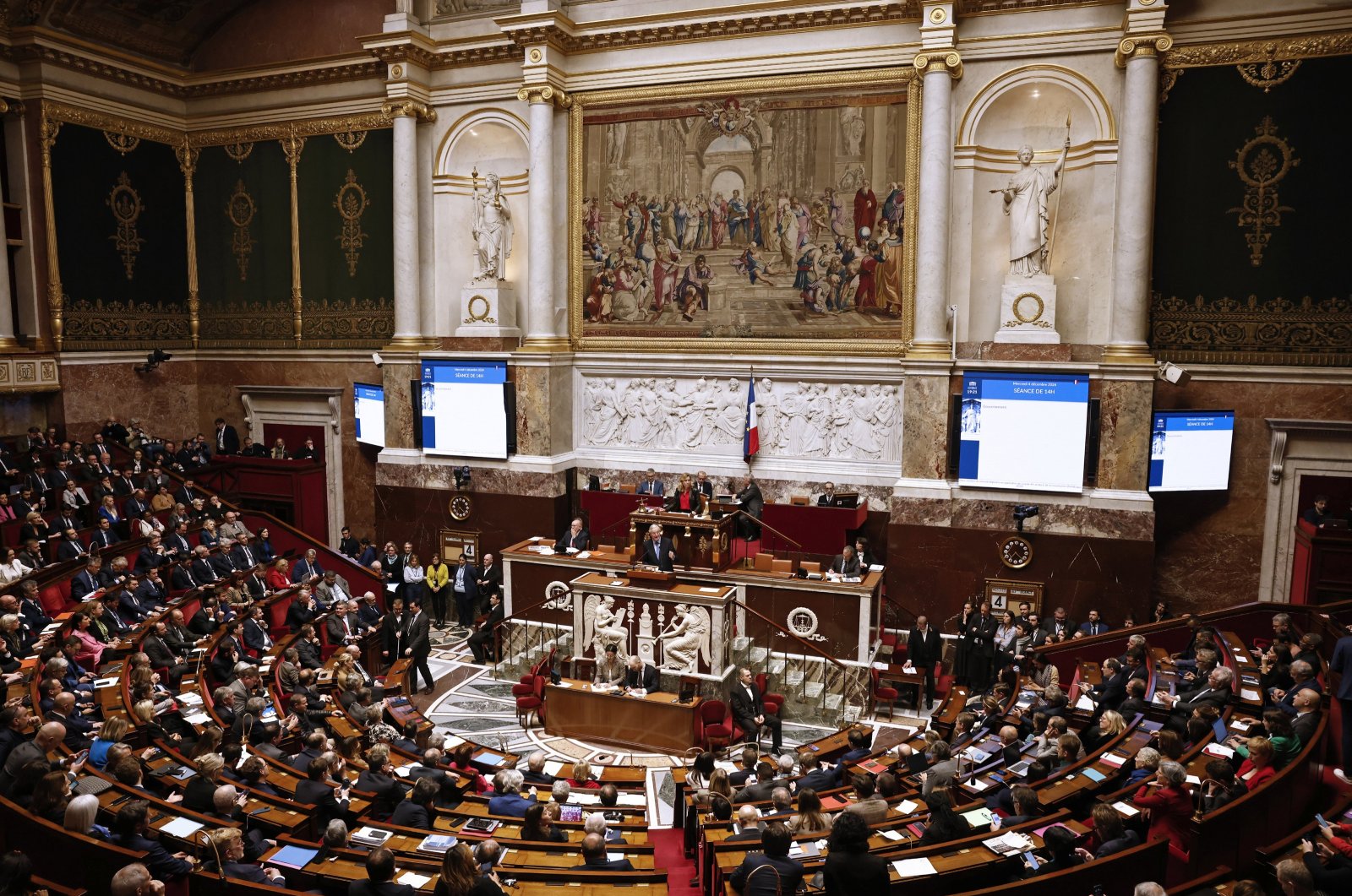 French Prime Minister Michel Barnier delivers a speech during a no-confidence vote against his government at the National Assembly, in Paris, France, Dec. 4, 2024. (EPA Photo)