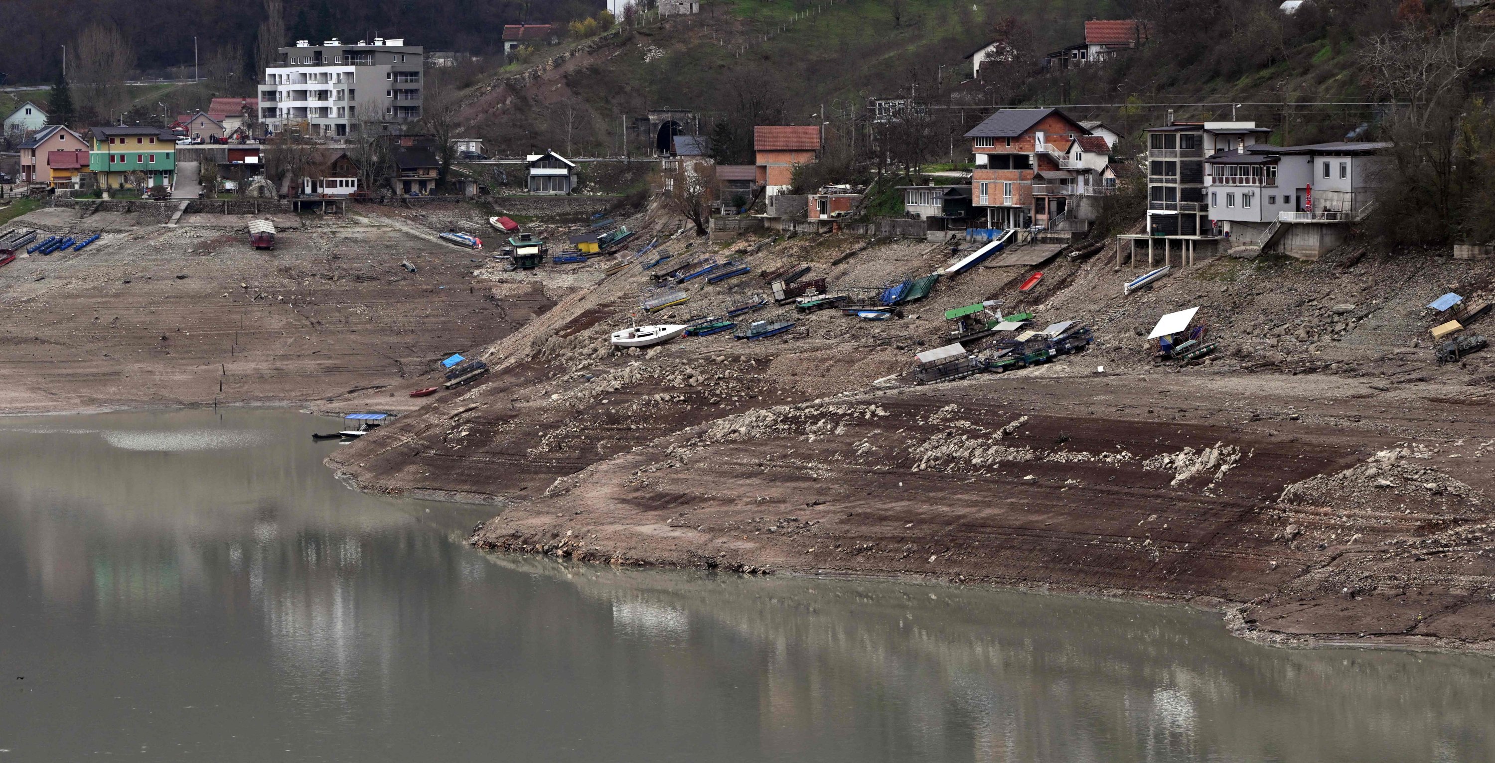 This photograph shows the shore of the Jablanicko lake, through which the Neretva River flows, near the Bosnian town of Konjic, Dec. 5, 2024.