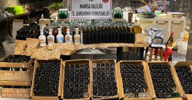 In a photo provided by the Manisa Police Department, bootleg alcohol confiscated during operations is displayed in Manisa, western Türkiye, Nov. 6, 2024. (AA Photo)