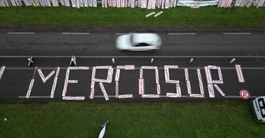 A drone view shows the word "Mercosur" made with city signs on a road as French farmers protest against the prospect of a trade agreement between the European Union and the Latin American countries united within Mercosur, near Angouleme, France, Nov. 18, 2024. (Reuters Photo)