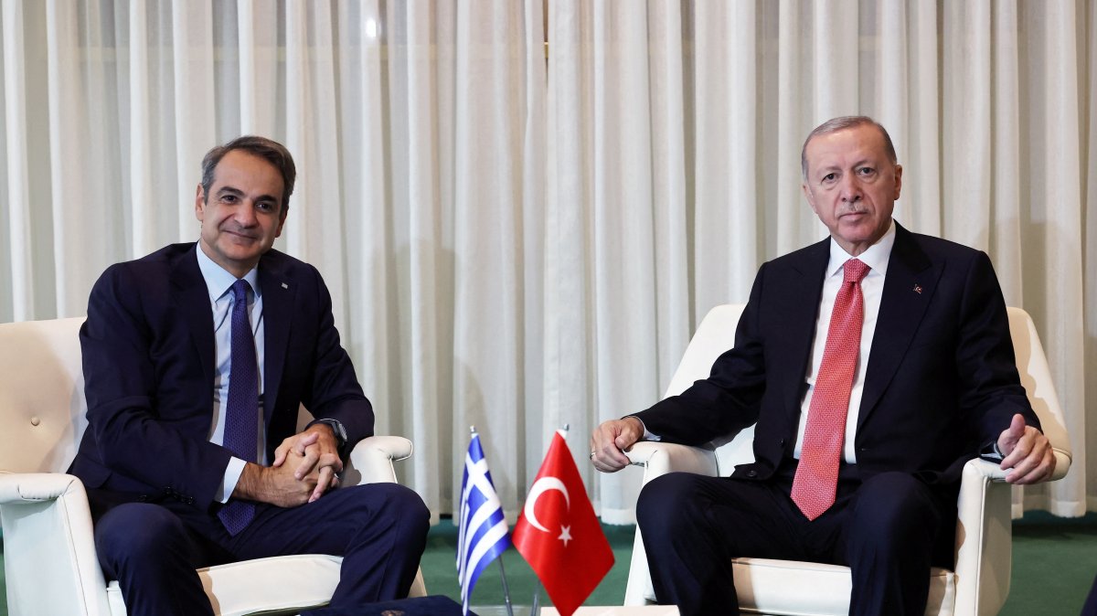 President Recep Tayyip Erdoğan meets with Greek Prime Minister Kyriakos Mitsotakis on the sidelines of the &quot;Summit of the Future&quot; at U.N. headquarters, New York, U.S., Sept. 24, 2024. (Reuters Photo)