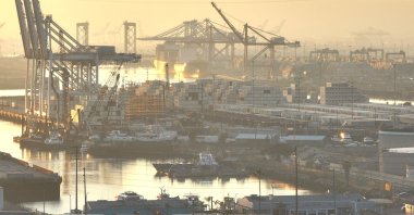 An aerial view of shipping containers stacked at the Port of Long Beach in Long Beach, California, U.S., Dec. 4, 2024. (AFP Photo)