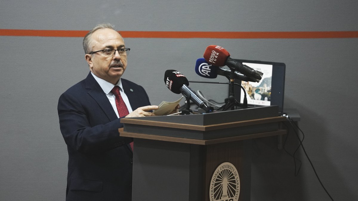 Professor Birol Akgün speaks at the &quot;3rd Turkish Language Teaching Symposium&quot; in Sarajevo, Bosnia-Herzegovina, Nov. 13, 2024. (AA Photo)