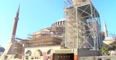 Restoration work underway on the minarets of the Hagia Sophia Grand Mosque in Istanbul, Türkiye, Dec. 7, 2024. (DHA Photo)