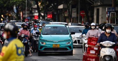 This picture shows a VinFast electric car on a street in Hanoi, Vietnam, Oct. 4, 2023. (AFP Photo)
