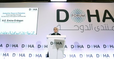 First lady Emine Erdoğan speaks at the Doha Forum, Doha, Qatar, Dec. 7, 2024. (AA Photo)