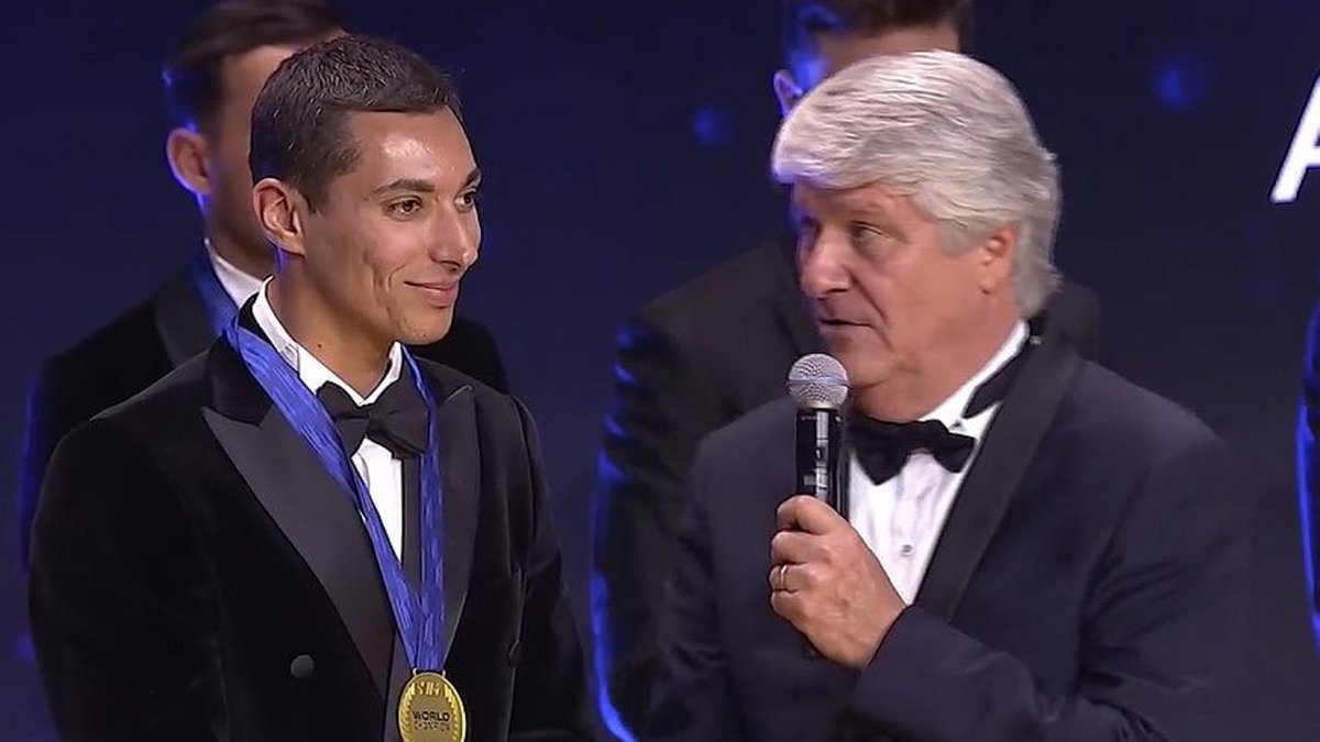 Turkish rider Toprak Razgatlıoğlu (L) being interviewed by FIM President Jorge Viegas at the FIM Awards Ceremony, Mallorca, Spain, Dec. 8, 2024. (AA Photo)