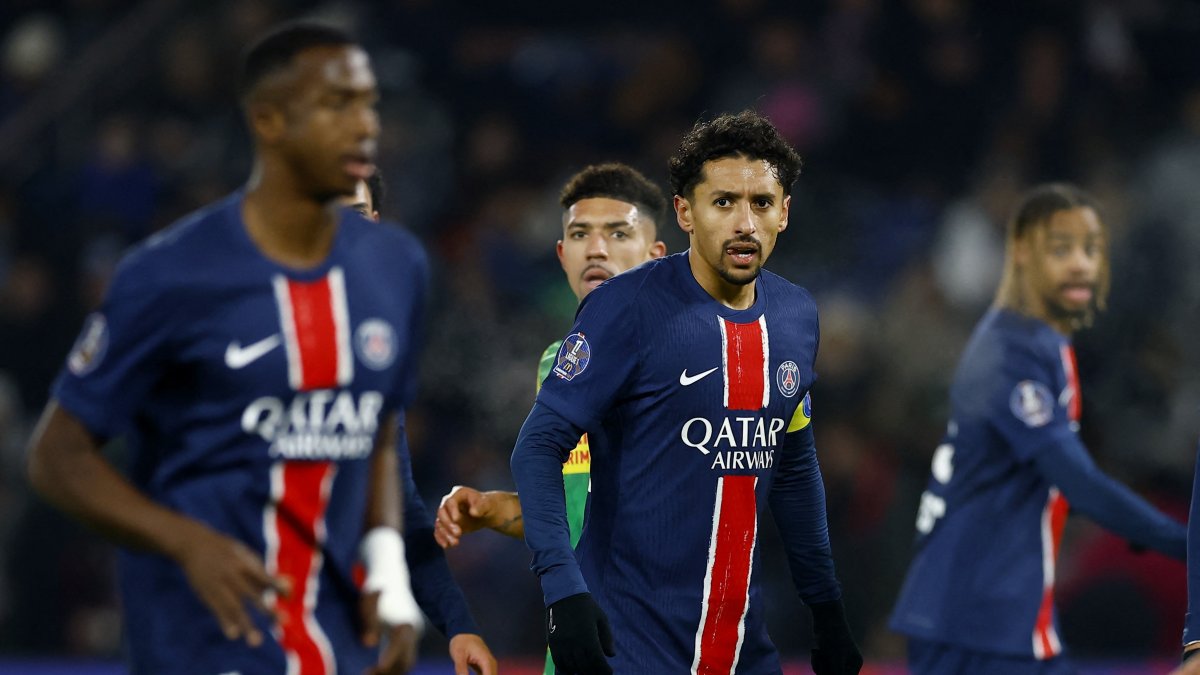 Paris Saint-Germain&#039;s Marquinhos (C) during the Ligue 1 match against Nantes at the Parc des Princes, Paris, France, Nov. 30, 2024. (Reuters Photo)