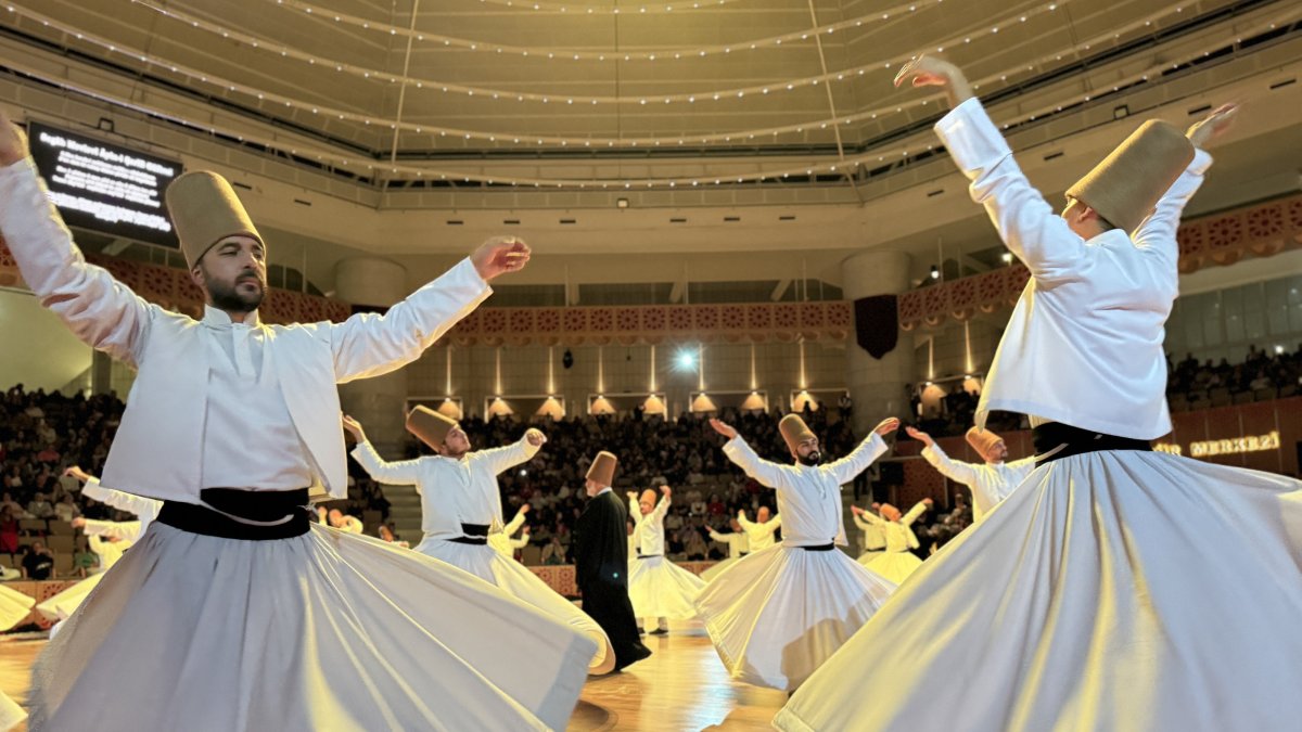 Dervishes perform the Sufi dance during the 751st anniversary of Hazreti Mevlana&#039;s reunion in Konya, Türkiye, Dec. 8, 2024. (AA Photo) 