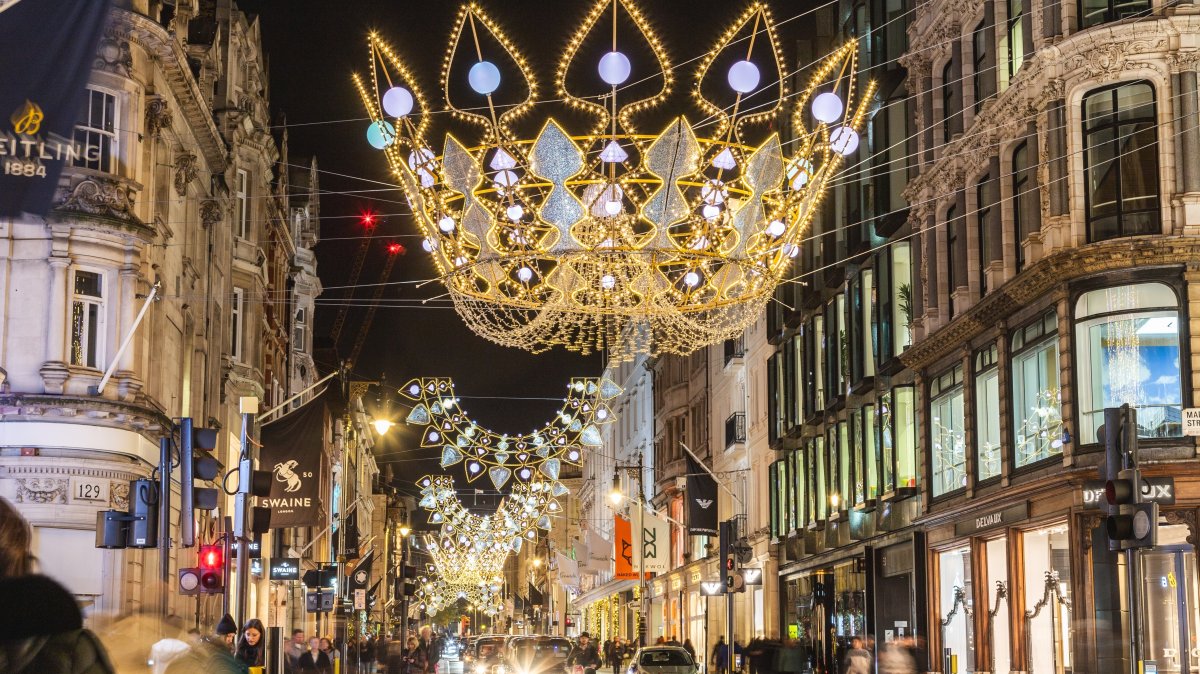 Festive Christmas decorations line New Bond Street during the holiday season, central London, U.K. (Shutterstock)