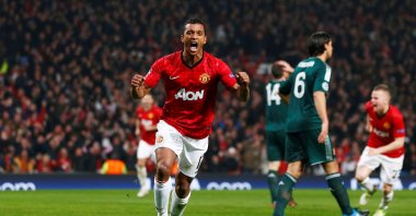Manchester United's Nani celebrates after Real Madrid's Sergio Ramos scored an own goal for Manchester United's first during the UEFA Champions League match at the Old Trafford, Manchester, U.K., March 5, 2013. (Reuters Photo)