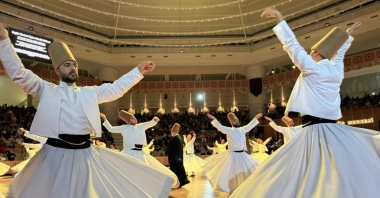 Dervishes perform the Sufi dance during the 751st anniversary of Hazreti Mevlana&#039;s reunion in Konya, Türkiye, Dec. 8, 2024. (AA Photo) 