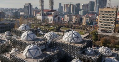 This aerial photograph shows the domes of the National Library of Kosovo, Pristina, Kosovo, Nov. 19, 2024. (AFP Photo)