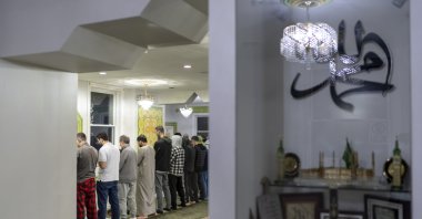 Members of the Muslim community pray during morning prayers before the polls open on Election Day, Dearborn, Michigan, Nov. 5, 2024. (AP Photo)