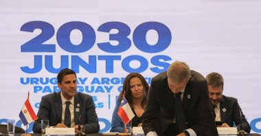 Uruguay&#039;s Sport Minister Sebastian Bauza signs a joint document to create the "Corporation Juntos 2030," the organization that will create a joint-bid by Uruguay, Paraguay, Chile and Argentina to host the 2030 World Cup soccer tournament, Santiago, Chile, Nov. 11, 2022. (AP Photo)