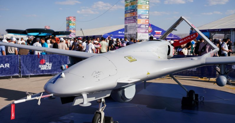 The Bayraktar TB2, a medium altitude long-range unmanned combat aerial vehicle, is exhibited at the Teknofest 2023, Ankara, Türkiye, Aug. 30, 2023. (Reuters Photo)