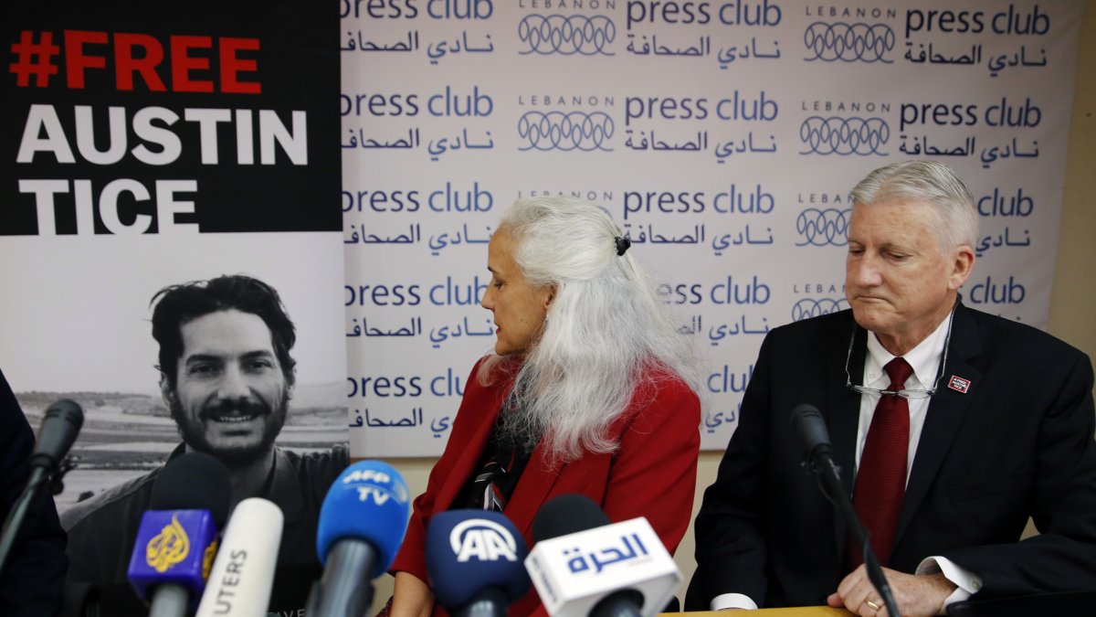 Marc and Debra Tice, the parents of Austin Tice, speak at a news conference in Beirut, Lebanon, Dec. 4, 2018. (AP Photo)