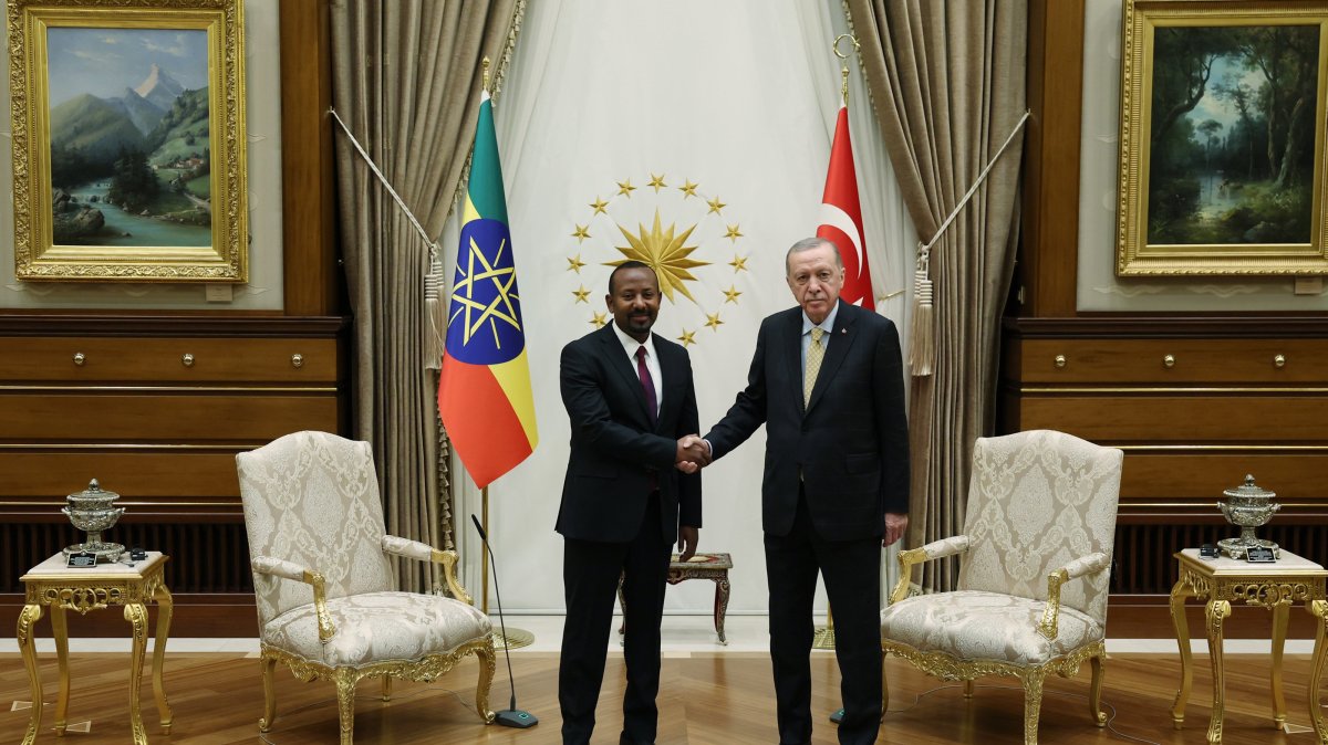 President Recep Tayyip Erdoğan and Ethiopian Prime Minister Abiy Ahmed shake hands, Presidential Complex, Ankara, Dec. 11, 2024. (AA Photo)