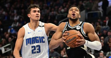 Milwaukee Bucks forward Giannis Antetokounmpo (34) looks for a shot against Orlando Magic forward Tristan da Silva (23) in the second quarter at Fiserv Forum, Milwaukee, Wisconsin, U.S., Dec. 10, 2024. (Reuters Photo)