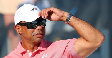 Tiger Woods reacts during the Hero Shot challenge prior to the Hero World Challenge 2024 at Albany Golf Course, Nassau, Bahamas, Dec. 3, 2024. (AFP Photo)