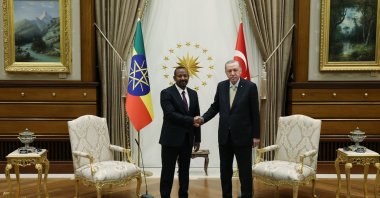 President Recep Tayyip Erdoğan and Ethiopian Prime Minister Abiy Ahmed shake hands, Presidential Complex, Ankara, Dec. 11, 2024. (AA Photo)