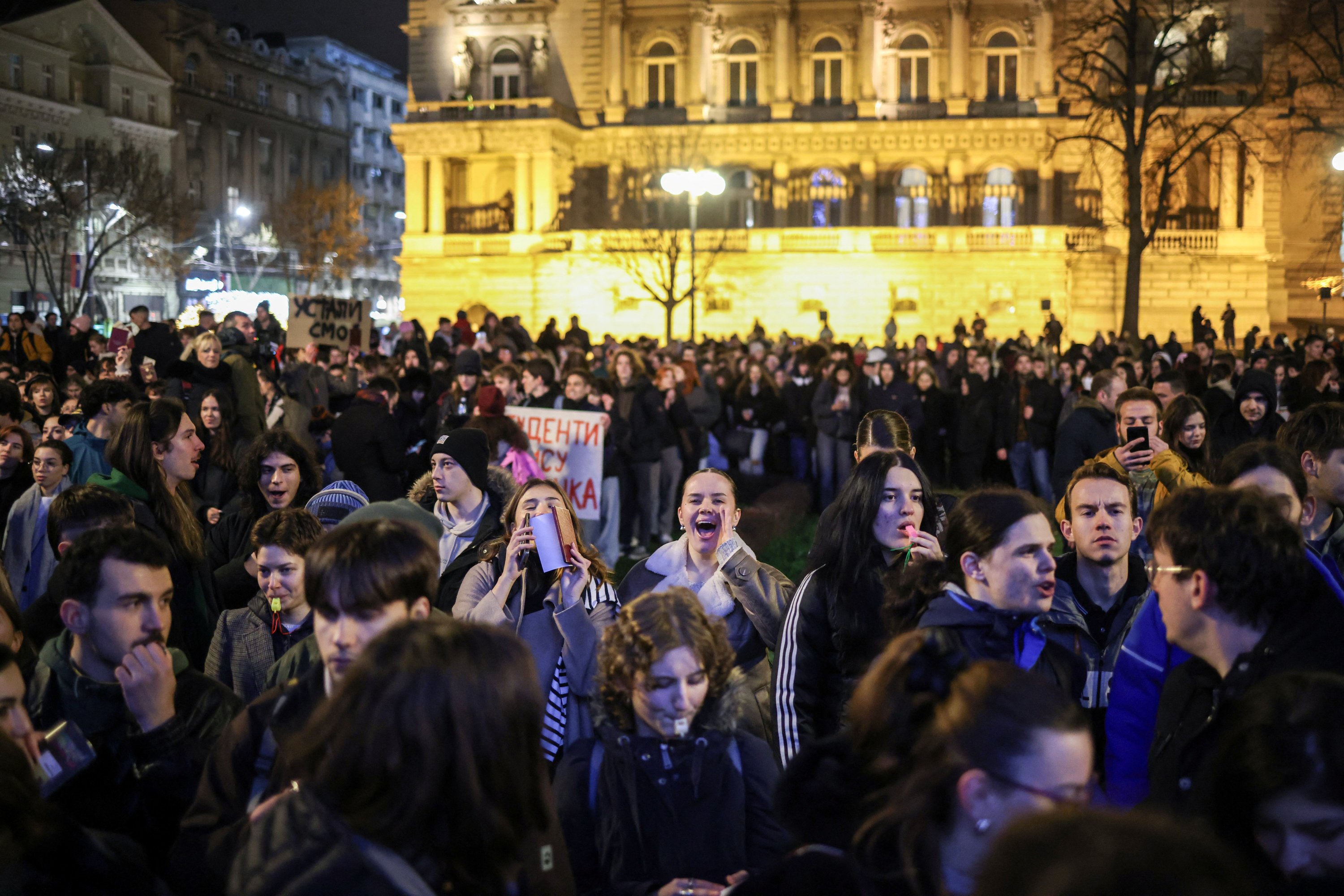 Students of Belgrade University protest as Serbian President Aleksandar Vucic holds a news conference in front of his office in Belgrade, Serbia, Dec. 11, 2024. (Reuters Photo)