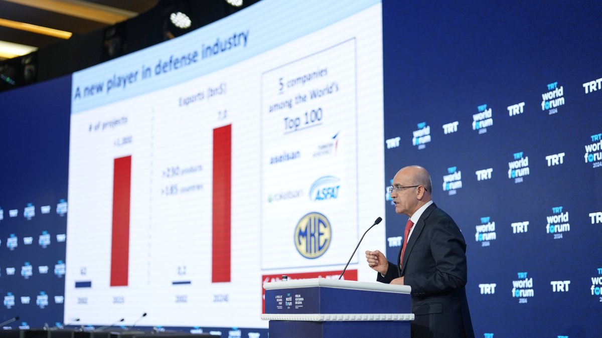 Treasury and Finance Minister Mehmet Şimşek delivers a speech during the recent TRT World Forum 2024, Istanbul, Türkiye, Nov. 30, 2024. (AA Photo)