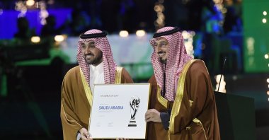 Saudi Arabia&#039;s Minister of Sports and Youth Abdulaziz bin Turki Al Saud (L) and President of the Saudi Football Federation Yasser al-Misehal pose for a photo after Saudi Arabia was confirmed as host of the 2034 World Cup, Riyadh, Saudi Arabia, Dec. 11, 2024. (EPA Photo)