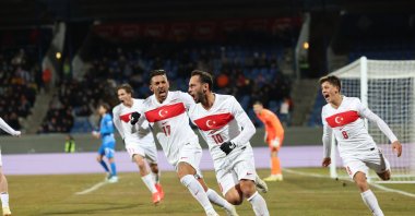 Turkish players celebrate a goal during the Nations League match against Iceland, Reykjavik, Iceland, Oct. 14, 2024. (DHA Photo)