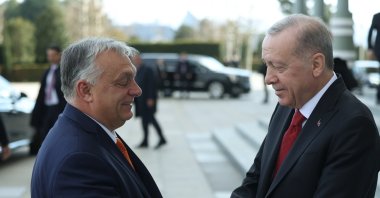 President Recep Tayyip Erdoğan shakes hands with Hungarian Prime Minister Viktor Orban (L), Ankara, Türkiye, Dec. 12, 2024. (AA Photo)