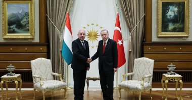 President Recep Tayyip Erdoğan and Hungarian President Tamas Sulyok shake hands at the Presidential Complex, Ankara, Dec. 12, 2024. (DHA Photo)
