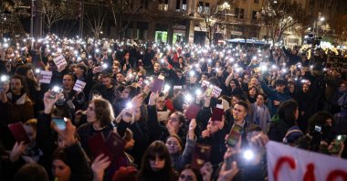 Students of Belgrade University protest as Serbian President Aleksandar Vucic holds a news conference in front of his office in Belgrade, Serbia, Dec. 11, 2024. (Reuters Photo)