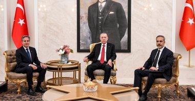 President Recep Tayyip Erdoğan receives U.S. Secretary of State Antony Blinken, with Foreign Minister Hakan Fidan in presence, at Esenboğa Airport in Ankara, Türkiye, Dec. 12, 2024. (Reuters Photo)